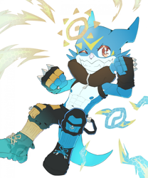 Size: 1752x2103 | Tagged: safe, artist:vidard, digimon (species), veemon, anthro, cub, cubs only, male, males only, solo cub, solo male, young, digimon, abs, action pose, anthrofied, boots, clenched fist, fingerless gloves, front view, full-length portrait, khakis, looking at you, nipples, pecs, powering up, shoes, smiling, smiling at you, solo, toothy grin, winking