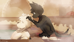 Size: 3840x2160 | Tagged: safe, artist:dakka woof, oc:dakka, canid, mammal, wolf, adult, anthro, cub, male, males only, plantigrade, slender, young, age difference, barefoot, bathhouse, bathing another, black fur, casual nudity, cream fur, crouching, dripping water, duo, fur, in water, indoors, leaning back, nudity, sitting, sitting in water, size difference, smiling, soap, steam, swimming pool, tail, wagging tail, washing hair, water