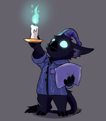 Size: 1215x1393 | Tagged: safe, artist:razigator, rem (deadlock), fantastical species, gryphon, anthro, boy, boys only, cub, cubs only, male, males only, solo boy, solo cub, solo kid, solo male, young, deadlock, fully shaded, 3 toes, bottomless, candle, clothing, digitigrade, empty eyes, featureless crotch, glowing eyes, holding object, long tail, looking up, nightcap, one arm up, pillow, robe, sleepwear, smiling, solo, standing