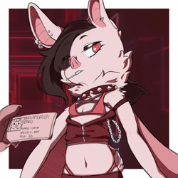 Size: 2000x2000 | Tagged: safe, artist:ryess, oc:saya (emothebunny), bat, chiropteran, mammal, cub, cubs only, female, females only, slender, solo cub, solo female, young, young only, arms down, bat wings, bra, chain, ear piercing, english text, flat breasts, food in mouth, front view, hair over one eye, half-length portrait, id card, kemono, lollipop, lollipop in mouth, looking away, looking sideways, low-angle view, low-riding, multiple piercings, navel, one eye obstructed, sleeveless hoodie, solo, spiked collar, standing, underwear peek, winged arms
