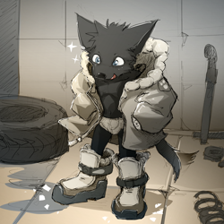 Size: 2160x2160 | Tagged: safe, artist:dakka woof, canid, mammal, wolf, anthro, boy, cub, male, slender, young, fully shaded, sketchy, alley, black body, black fur, blue eyes, boots, briefs, bulge, clothing, excited, footwear, full-length portrait, fur, hands in both pockets, happy, jacket, junk, looking at self, looking down, looking down at self, navel, no pants, open clothing, open jacket, oversized clothing, oversized jacket, shoes, shoes without socks, smiling, solo, tail, tail motion, topwear, underwear, wagging tail