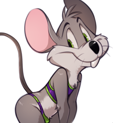 Size: 784x855 | Tagged: safe, artist:dandi, charles entertainment cheese, mammal, mouse, rodent, anthro, cub, cubs only, male, males only, solo cub, solo male, young, chuck e. cheese, fully shaded, arms in front, buckteeth, clothing, crop top, looking at you, midriff, no pants, posing, side view, skimpy outfit, smiling, smiling at you, solo, standing, thong, underwear, whiskers