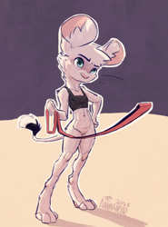 Size: 1330x1800 | Tagged: suggestive, artist:animancer, oc:luck, dipodid, jerboa, mammal, rodent, anthro, athletic, cub, cubs only, female, females only, slender, solo cub, solo female, young, sketchy, 4 toes, abs, barefoot, big ears, black bra, black clothing, black eyebrows, black sports bra, black tail tuft, black tuft, black underwear, bottomless, bra, bra only, casual nudity, clothing, collar, digitigrade, domination, eyebrows, featureless chest, featureless crotch, feet, flat breasts, front view, full-length portrait, fur, hand on hip, hand on own hip, holding collar, holding food, holding object, iris, leash, leashed collar, mouth closed, mouthless, navel, nipples, nudity, pink inner ear, pink nipples, pink nose, posing, red collar, red leash, shadow, solo, sports bra, sports bra only, standing, stomach nipples, tail, tail tuft, teal eyes, text, tilted head, toes, tuft, underwear, underwear only, white body, white ears, white fur, white inner ear fluff, white sclera, white tail, white tail tuft, white tuft