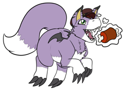 Size: 4000x3000 | Tagged: safe, artist:roguemorpho, oc:amara, digimon (species), dorumon, cub, cubs only, female, females only, feral, solo cub, solo female, digimon, colored, digital, flat colored, 3 fingers, 3 toes, bat wings, claw fingers, claw toes, flat cap, fluffy tail, front view, green eyes, meat, open mouth, open smile, pawpads, sharp teeth, small wings, smiling, solo, thought bubble, transparent background