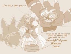 Size: 2000x1500 | Tagged: safe, artist:roguemorpho, oc only, oc:pipstrello, oc:renoir the buneary, buneary, chiropmon, digimon (species), generation 4 pokemon, pokemon (species), anthro, cub, cubs only, female, male, semi-anthro, young, young only, digimon, pokémon, monochrome, blush lines, bottomless, circling, closed eyes, clothing, cosplay, cosplaying, crossdressing, dialogue, dress, duo, embarrassed, english text, excited, featureless crotch, flying, full-length portrait, fully clothed, glasses, hand on hip, holding wand, magic wand, magical girl, one eye obstructed, open mouth, posing, sharp teeth, talking, winged arms