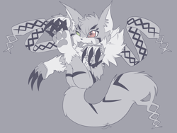 Size: 2000x1500 | Tagged: safe, artist:roguemorpho, unknown oc, meicoomon, ambiguous gender, anthro, cub, cubs only, semi-anthro, solo cub, young, monochrome, 3 fingers, 3 toes, fang, front view, heterochromia, legs together, legs up, long claws, neck fluff, paw pose, pawpads, ribbons (anatomy), solo, tongue out