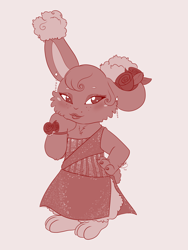 Size: 1500x2000 | Tagged: safe, artist:roguemorpho, oc:renoir the buneary, buneary, generation 4 pokemon, pokemon (species), anthro, male, males only, plantigrade, solo male, pokémon, colored, flat colored, monochrome, barefoot, blushing, corsage, crossdressing, dress, eyeliner, eyeshadow, flower in hair, front view, full-length portrait, fully clothed, hand on hip, hand to face, leaning on elbow, lipstick, looking sideways, makeup, solo, standing