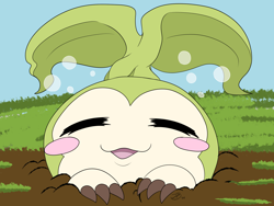 Size: 2000x1500 | Tagged: safe, oc:torenia fournieri, digimon (species), tanemon, female, females only, feral, solo female, waddling head, digimon, colored, flat colored, blush stickers, closed eyes, content, front view, full-length portrait, in hole, open mouth, open smile, outdoors, smiling, solo