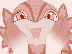 Size: 2000x1500 | Tagged: safe, artist:roguemorpho, oc:torenia fournieri, digimon (species), floramon, anthro, cub, cubs only, female, females only, solo cub, solo female, young, digimon, colored, flat colored, monochrome, close-up, fang, forked tongue, front view, headshot, looking at you, smiling, smiling at you, solo, teeth, tongue out