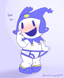 Size: 1240x1510 | Tagged: suggestive, artist:unboxyguy, jack frost, imp, mythological creature, anthro, cub, cubs only, fat, male, males only, solo cub, solo male, young, megami tensei, colored, digital, flat colored, blushing, briefs, bulge, dot eyes, front view, full-length portrait, hand to face, knock-kneed, looking at you, navel, no pants, open mouth, shoes, shoes without socks, solo, underwear, waistband pull