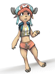 Size: 916x1229 | Tagged: safe, artist:mindkog, tony tony chopper, cervid, mammal, reindeer, ungulate, anthro, cub, cubs only, femboy, male, males only, slender, solo cub, solo male, young, one piece, anthrofied, backpack, crop top, front view, full-length portrait, hooved fingers, hooves, midriff, shorts, solo, standing