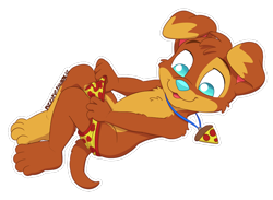 Size: 938x686 | Tagged: suggestive, artist:halcyon winter, oc:pizza pup, canid, dog, mammal, anthro, boy, boys only, cub, cubs only, male, males only, plantigrade, solo boy, solo cub, solo kid, solo male, young, series:pizza pup pound, cel shaded, digital, barefoot, blue eyes, brown body, brown fur, clothing, convenient censorship, featureless chest, floppy ears, full-length portrait, fur, knees up, legs together, lying, nudity, on back, open mouth, open smile, pattern briefs, pattern underwear, paws, pendant, side view, smiling, solo, tan body, tan fur, topless, transparent background, underwear, undressing, waistband pull