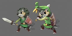 Size: 2000x1016 | Tagged: safe, artist:marc knelsen, link, wolf link, anthro, chibi, male, males only, solo male, legend of zelda, alternate species, digitigrade, fighting stance, front view, frown, full-length portrait, headwear, holding shield, holding sword, holding weapon, leg wraps, multiple poses, solo, standing, toeless legwear, tunic, wraps