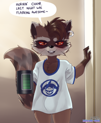 Size: 1900x2300 | Tagged: suggestive, artist:mr. shin, rocket raccoon, mammal, procyonid, raccoon, anthro, cub, cubs only, male, males only, solo cub, solo male, guardians of the galaxy, blush lines, bottomless, bulge, clothing, english text, front view, hand on wall, holding drink, holding mug, looking at you, shirt, solo, standing, t-shirt, three-quarter portrait, toothy grin, whiskers