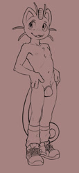 Size: 914x2000 | Tagged: safe, artist:bedtimebuck, generation 1 pokemon, meowth, pokemon (species), anthro, femboy, male, males only, plantigrade, slender, solo male, pokémon, lines, monochrome, anthrofied, ball bag, clothing, curly tail, fang, front view, full-length portrait, hands on hips, looking sideways, navel, nipples, open mouth, open smile, shoes, skimpy outfit, smiling, sneakers, socks, solo, tail, teeth, topless, whiskers