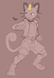 Size: 1382x2000 | Tagged: safe, artist:bedtimebuck, oc:tojo the meowth, anthro, athletic, cub, cubs only, male, males only, slender, solo cub, solo male, colored, flat colored, partially colored, anthrofied, clenched hands, collar, curly tail, drawstring, fighting stance, fingerless gloves, front view, frown, full-length portrait, jacket, knee pads, looking away, navel, nipples, open clothing, open jacket, shoes without socks, shorts, solo, tail, toeless shoes, whiskers, wide stance