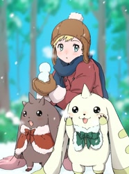 Size: 1120x1506 | Tagged: safe, artist:feng efu, lopmon (02), terriermon (02), wallace (digimon), digimon (species), human, lopmon, mammal, terriermon, anthro, boy, cub, male, males only, semi-anthro, young, digimon, digimon adventure 02, beady eyes, blush lines, bottomless, capelet, cheek squish, clothing, enchanted, featureless crotch, fully clothed, group, hands on face, horns, long ears, looking away, outdoors, size difference, snowball, steamy breath, winter