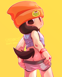 Size: 1518x1889 | Tagged: suggestive, artist:whitill, parappa, canid, dog, mammal, anthro, boy, boys only, chibi, cub, cubs only, male, males only, slender, solo boy, solo cub, solo kid, solo male, young, parappa the rapper, beanie, blushing, bracelet, briefs, brown ears, brown tail, butt, clothing, finger in waistband, flashing butt, fur, hat, headwear, looking at you, looking back, looking back at you, neutral face, no pants, nudity, orange clothing, orange hat, rear view, shirt, sleeveless turtleneck, solo, standing, tail, tan body, tan fur, tank top, teasing, three-quarter portrait, topwear, underwear, underwear down, white briefs, white clothing, white underwear, wristband