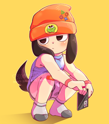 Size: 1696x1920 | Tagged: safe, artist:whitill, parappa, canid, dog, mammal, anthro, boy, boys only, chibi, cub, cubs only, male, males only, solo boy, solo cub, solo kid, solo male, young, parappa the rapper, bandage, bandage on leg, beanie, blushing, bracelet, briefs, brown ears, brown tail, bulge, clothing, crouching, electronics, footwear, full-length portrait, fur, hat, headwear, holding phone, looking away, mobile phone, no pants, orange clothing, orange hat, phone, ring, shirt, sleeveless turtleneck, socks, socks without shoes, solo, tail, tan body, tan fur, tank top, topwear, underwear, white briefs, white clothing, white socks, white underwear, wristband