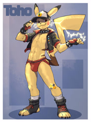 Size: 1888x2560 | Tagged: safe, artist:bedtimebuck, oc:toho the pikachu, generation 1 pokemon, pikachu, pokemon (species), anthro, athletic, cub, cubs only, male, males only, slender, solo anthro, solo cub, solo male, young, pokémon, 4 toes, 5 fingers, anthrofied, ball cap, bandage on knee, bulge, confident, electricity manipulation, elemental manipulation, fingerless gloves, fingers, flat breasts, full-length portrait, gym badge, hat, jacket, jockstrap, looking at you, navel, nipples, no pants, open clothing, open jacket, pinup, posing, red jockstrap, smiling, smiling at you, socks, solo, spiked bracelet, spiked collar, standing, tipping hat, toeless shoes, toeless socks, underwear