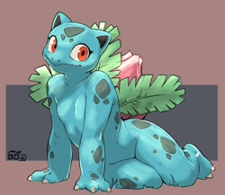 Size: 2000x1739 | Tagged: safe, artist:bedtimebuck, bulbasaur, generation 1 pokemon, pokemon (species), ambiguous gender, anthro, cub, cubs only, male, males only, plantigrade, solo anthro, solo cub, solo male, young, pokémon, 3 fingers, 3 toes, anthrofied, barefoot, claw toes, featureless chest, featureless crotch, front view, leaning on arms, looking at you, nudity, on side, sitting, snaggle tooth, solo, wide hips, yokozuwari