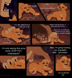 Size: 3249x3506 | Tagged: safe, artist:hailberry, oc only, oc:amani, oc:vanga, big cat, felid, lion, mammal, adult, anthro, cub, feral, young, colored, flat colored, adoptive father and daughter, adoptive parent and child, age difference, anger, cave, comic, dialogue, digitigrade, dropping partner, duo, english text, falling, hair over one eye, mane, one eye obstructed, pinned, scratches, screencap, screencap background, scruff grab, size difference, solo focus, talking, talking to each other, whiskers