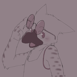 Size: 3000x3000 | Tagged: safe, artist:miau, oc:charlie (invalidnickname), avian, bird, owl, snowy owl, anthros only, male, males only, solo anthro, solo male, solo teen, teen, teens only, monochrome, sketch, 4 fingers, beak, blushing, gesture, half-length portrait, lifting eyewear, looking at you, looking sideways, open mouth, pink glasses, raised index finger, solo, tank top
