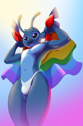 Size: 1690x2560 | Tagged: safe, artist:shiuk, stitch, alien, experiment (species), anthro, anthros only, male, males only, slender, solo anthro, solo male, twink, 6/26, disney, lilo and stitch, colored, digital, fully shaded, 5 fingers, antennae, anthrofied, arms up, backlit, biceps, bulge, featureless chest, finger claws, fingers, flexing, holding flag, lgbt pride, looking at you, looking down, looking down at you, low-angle view, navel, no pants, outdoors, pecs, rainbow flag, sharp teeth, solo, sun, thong, thong only, three-quarter portrait, underwear, wide hips