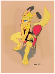 Size: 1919x2560 | Tagged: safe, artist:oselotti, generation 1 pokemon, pikachu, pokemon (species), anthro, anthros only, femboy, male, males only, slender, solo anthro, solo male, pokémon, sketch, anthrofied, arms in front, biting lip, blushing, bulge, digitigrade, garter straps, long ears, money, open legs, posing, shy, shy smile, sitting, sitting on chair, solo, teddy (clothing)