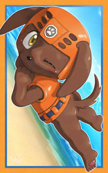 Size: 750x1200 | Tagged: safe, artist:shomunona, zuma, canid, chocolate labrador, dog, labrador, mammal, anthro, anthros only, cub, cubs only, male, males only, plantigrade, solo anthro, solo cub, solo male, young, paw patrol, anthrofied, barefoot, blush lines, blushing, bottomless, clothing, head on hands, helmet, jacket, leaning on elbows, looking at you, on front, plantar flexion, raised tail, smiling, smiling at you, solo, winking, winking at you