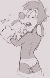 Size: 562x876 | Tagged: safe, artist:dandi, max goof, canid, dog, mammal, anthros only, cub, cubs only, male, males only, slender, solo anthro, solo cub, solo male, young, disney, goof troop, colored, flat colored, monochrome, sketch, blushing, briefs, clothing, clothing down, dialogue, embarrassed, english text, gloves, holding thong, looking at you, looking back, looking back at you, motion lines, nervous, nervous sweat, open mouth, pants down, solo, three-quarter portrait, tight clothing, topless, underwear, wide eyed