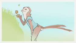 Size: 2802x1590 | Tagged: safe, artist:tuke, oc:tuke, avian, bird, owl, male, males only, slender, solo male, twink, colored, flat colored, sketch, 3 fingers, bent over, bottomless, closed eyes, clothing, featureless crotch, hand on thigh, long tail, outdoors, side view, smiling, sniffing flower, solo, standing, tail feathers, three-quarter portrait