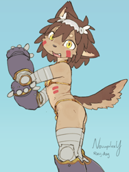 Size: 1972x2628 | Tagged: suggestive, artist:novaplexy, reg, canid, mammal, anthros only, boy, boys only, cub, cubs only, male, males only, solo anthro, solo boy, solo cub, solo kid, solo male, young, gold bikini meme, made in abyss, colored, digital, flat colored, alternate species, bulge, clothing, crossdressing, cybernetics, looking at you, meme, posing, side view, skimpy outfit, snaggle tooth, solo, standing, string bikini, tail