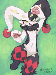Size: 2250x3000 | Tagged: safe, artist:novaplexy, dupin, pal (species), ambiguous gender, anthro, palworld, fully shaded, 3 fingers, 3 toes, black body, black fur, black nose, cheek tuft, facial tuft, featureless chest, featureless crotch, feet, fingers, from above, front view, fur, glistening, grass, high-angle view, knees up, looking at you, lying, markings, navel, neck tuft, nudity, on back, on grass, on ground, open mouth, open smile, pawpads, paws, pink pawpads, plant, pupils, red body, red fur, red markings, slit pupils, smiling, smiling at you, solo, text, toes, tongue, tuft, white body, white fur, wide hips, yellow eyes, yellow markings