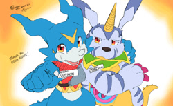 Size: 976x600 | Tagged: safe, artist:dahecksajerry, digimon (species), gabumon, veemon, anthros only, cub, cubs only, male, males only, young, young only, digimon, colored, flat colored, 5 fingers, annoyed, arm around shoulders, bottomless, clothing, detached collar, duo, english text, featureless crotch, fingers, fleshy horns, front view, fur pelt, looking at another, looking at you, looking sideways, name tag, reaching out, showing off, smiling, smiling at you, snaggle tooth, sweater vest, three-quarter portrait