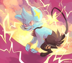 Size: 1280x1109 | Tagged: safe, artist:darmp, generation 4 pokemon, pokemon (species), shinx, ambiguous gender, anthro, cub, cubs only, feral, ferals only, solo cub, solo feral, young, pokémon, anger, black body, black fur, black nose, blue body, blue fur, butt tuft, cheek tuft, chest tuft, clenched teeth, digitigrade, electricity, electricity manipulation, elemental manipulation, facial tuft, fur, head tuft, paws, pokemon move, raised foot, snarling, snout, solo, tail, teeth, tuft, yellow eyes