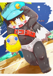 Size: 770x1100 | Tagged: suggestive, artist:dinogaize, klonoa, cat, felid, lagomorph, mammal, rabbit, anthro, anthros only, boy, boys only, cub, cubs only, male, males only, solo anthro, solo boy, solo cub, solo kid, solo male, young, klonoa series, colored, digital, fully shaded, areola, ball, barefoot, beach, black body, black fur, blushing, briefs, briefs only, bulge, clothing, dripping sweat, flat cap, full-length portrait, fur, hat, headwear, holding ball, long ears, looking at you, lop ears, oversized belt, seaside, smiling, smiling at you, solo, sports, swimming in underwear, tipping hat, topless, underwear, underwear only, volleyball, volleyball net, walking, white body, white briefs, white clothing, white fur, white underwear, yellow eyes