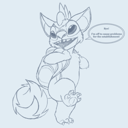 Size: 1920x1920 | Tagged: safe, artist:petrock, oc:ovni, alien, experiment (species), anthros only, cub, cubs only, male, males only, solo anthro, solo cub, solo male, young, lilo and stitch, sketch, 4 toes, backpack, beady eyes, english text, fluffy tail, full-length portrait, holding backpack, large mouth, looking back, nudity, open mouth, pointy ears, raised foot, sharp teeth, solo, speech bubble, talking, toe claws, walking