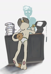 Size: 892x1283 | Tagged: safe, artist:mindkog, generation 1 pokemon, meowth, pokemon (species), anthro, anthros only, male, males only, slender, solo anthro, solo male, twink, pokémon, colored, digital, flat colored, sketch, anthrofied, background character, briefs, briefs only, bulge from behind, buying, curly tail, holding coin, leaning forward, money, rear view, silhouette, solo, store, tail, tiptoes, topless, underwear, underwear only, unimpressed