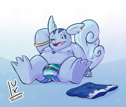 Size: 4000x3414 | Tagged: safe, artist:luxxx4, oc:leroy mirage, generation 1 pokemon, pokemon (species), wartortle, anthro, anthros only, cub, cubs only, fat, male, males only, plantigrade, solo anthro, solo cub, solo male, young, pokémon, alternate version, 3 fingers, 3 toes, barefoot, blush stickers, bulge, clothing, discarded clothing, fang, front view, full-length portrait, jagged mouth, jockstrap, jockstrap only, leaning back, moobs, nipples, one eye closed, open legs, open mouth, pendant, pride color underwear, pride colors, rubbing head, shell-less, shorts, sitting, solo, teeth, topless, underwear only, vincian pride colors