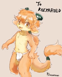 Size: 1568x1944 | Tagged: safe, artist:onwanwa, oc:klaus (koiyaroid), dragon, furred dragon, mythological creature, anthro, anthros only, boy, cub, cubs only, male, males only, solo anthro, solo cub, solo male, young, fully shaded, sketch, 2 horns, amber eyes, arms down, asian clothing, bottomwear, bulge, clothing, featureless chest, fundoshi, fundoshi only, fur, goat horns, hair, horn, japanese clothing, kemono, looking at you, navel, open mouth, orange body, orange fur, smiling, smiling at you, solo, tail wraps, three-quarter portrait, tied hair, topless, underwear, underwear only, walking, white clothing, white fundoshi, white underwear