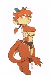 Size: 1432x2215 | Tagged: suggestive, artist:koiyaroid, oc:klaus (koiyaroid), dragon, fictional species, furred dragon, mythological creature, anthro, anthros only, cub, cubs only, male, males only, plantigrade, solo anthro, solo cub, solo male, young, 4 toes, barefoot, briefs, claws, clothing, feet, fur, horn, horns, looking at you, looking sideways, midriff, navel, paws, scalie, shirt, shirt lift, short shorts, shorts, side view, solo, tail, tail tuft, tank top, toe claws, toes, topwear, underwear, undressing, undressing self, wide hips