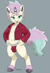 Size: 1109x1600 | Tagged: safe, artist:makebelieve1, oc:mitchell the ponyta, galarian ponyta, generation 1 pokemon, generation 8 pokemon, pokemon (species), ponyta, anthros only, boy, boys only, chubby, cub, cubs only, male, males only, slender, solo anthro, solo boy, solo cub, solo kid, solo male, young, pokémon, digital, fully shaded, bedroom eyes, bulge, fluffy tail, front view, full-length portrait, hands on hips, hooves, jacket, jockstrap, leather clothing, looking at you, navel, no pants, open clothing, open jacket, posing, solo, underwear