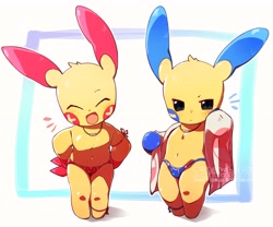 Size: 4000x3324 | Tagged: safe, artist:whitill, generation 3 pokemon, minun, plusle, pokemon (species), anthro, anthros only, boy, boys only, cub, cubs only, male, males only, semi-anthro, young, young only, pokémon, anklet, anthrofied, beady eyes, blush lines, bulge, closed eyes, clothing, contrapposto, drawstring, drying off, duo, featureless feet, friendship bracelet, full-length portrait, hands on hips, jewelry, leaning forward, legs together, looking at you, navel, necklace, neutral face, no fingers, noticing, open mouth, open smile, skimpy outfit, smiling, smiling at you, speedo, speedo only, standing, topless, towel around shoulders