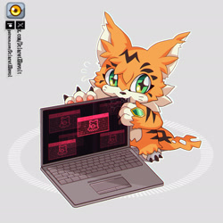 Size: 2048x2048 | Tagged: safe, artist:dclaret, digimon (species), meicoomon, ambiguous gender, anthro, chibi, cub, semi-anthro, young, digimon, cel shaded, colored, pixel art, 3 fingers, 3 toes, chewing, computer, flying sweatdrops, front view, green eyes, laptop, looking at you, solo, standing, teething, unusual pupils