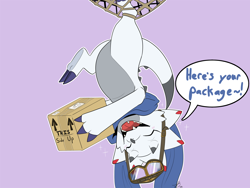 Size: 2000x1500 | Tagged: safe, artist:roguemorpho, oc:zephyr the gammamon, anthros only, cub, cubs only, female, females only, semi-anthro, solo anthro, solo cub, solo female, young, colored, digital, flat colored, 2 toes, 3 fingers, aviator goggles, blush lines, closed eyes, dangling, delivery (commerce), delivery employee, dialogue, english text, fang, featureless chest, finger claws, front view, full-length portrait, giving, goggles, goggles around neck, holding box, horns, open mouth, scarf, solo, speech bubble, stuck foot, talking, tangled, teeth, text, toe claws, upside down