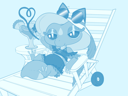 Size: 2000x1500 | Tagged: safe, artist:roguemorpho, gecqua, generation 10 pokemon, pokemon (species), anthros only, cub, cubs only, female, females only, semi-anthro, solo anthro, solo cub, solo female, young, pokémon, colored, digital, flat colored, monochrome, 3 fingers, adjusting clothing, drink, frilly clothing, fully clothed, glasses on headwear, hat, leaning back, leaning on one arm, legs up, lounging, one arm up, silly straw, solo, sunglasses, thick tail