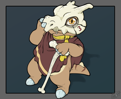 Size: 2200x1800 | Tagged: safe, artist:benji, oc:trip the cubone, cubone, generation 1 pokemon, pokemon (species), anthro, anthros only, cub, cubs only, male, males only, semi-anthro, solo anthro, solo cub, solo male, young, pokémon, colored, digital, flat colored, 1 toe, 4 fingers, bone, bone club, bone mask, broken horn, brown body, brown poncho, brown scales, clothing, digitigrade, fang, fin, fingers, full-length portrait, hand on weapon, high-angle view, horn, looking at you, looking up, looking up at you, mask, poncho, pupils, scales, scalie, scarf, skull, skull mask, slit pupils, snaggle tooth, solo, standing, stripes, tail, tan body, tan scales, teeth, yellow eyes, yellow scarf