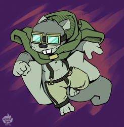 Size: 1402x1429 | Tagged: safe, artist:unboxyguy, oc:elle, flying squirrel, mammal, rodent, sciurid, squirrel, anthro, cub, cubs only, male, males only, solo cub, solo male, young, colored, flat colored, 3 toes, 4 fingers, barefoot, bottomwear, buckteeth, cape, clothing, eyewear, forest, freckled face, freckles, front view, fur, furgonomic pants, furgonomics, goggles, goggles on face, goggles over eyes, gray fur, green clothing, grey body, hooded cloak, outdoors, patagium, plant, running, solo, spread arms, suspenders, tail, tan clothing, teeth, topless, tree