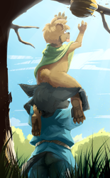 Size: 1335x2160 | Tagged: safe, artist:dakka woof, oc only, oc:dakka, oc:peppercorn, bear, canid, mammal, ursine, wolf, anthro, anthros only, boy, boys only, cub, cubs only, male, males only, plantigrade, young, young only, 4 toes, beehive, black body, black fur, bottomless, brown body, brown fur, butt, clothing, duo, feet, flying sweatdrops, fur, looking up, low-angle view, on top of, paws, poncho, poncho only, purple eyes, reaching up, rear view, shirt, sitting, sitting on head, toes, tongue out, topwear